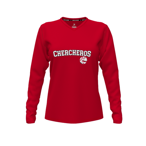 [FTLVCFRD-FYXS-LOGO1] Decker Comfort T-Shirt (Female Youth XS, Red, V Neck, Logo 1, Long Sleeve)