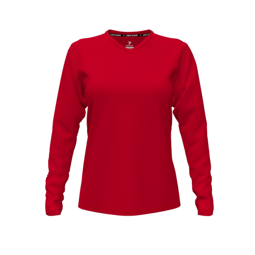 [FTLVCFRD-FYXS-LOGO2] Decker Comfort T-Shirt (Female Youth XS, Red, V Neck, Logo 2, Long Sleeve)